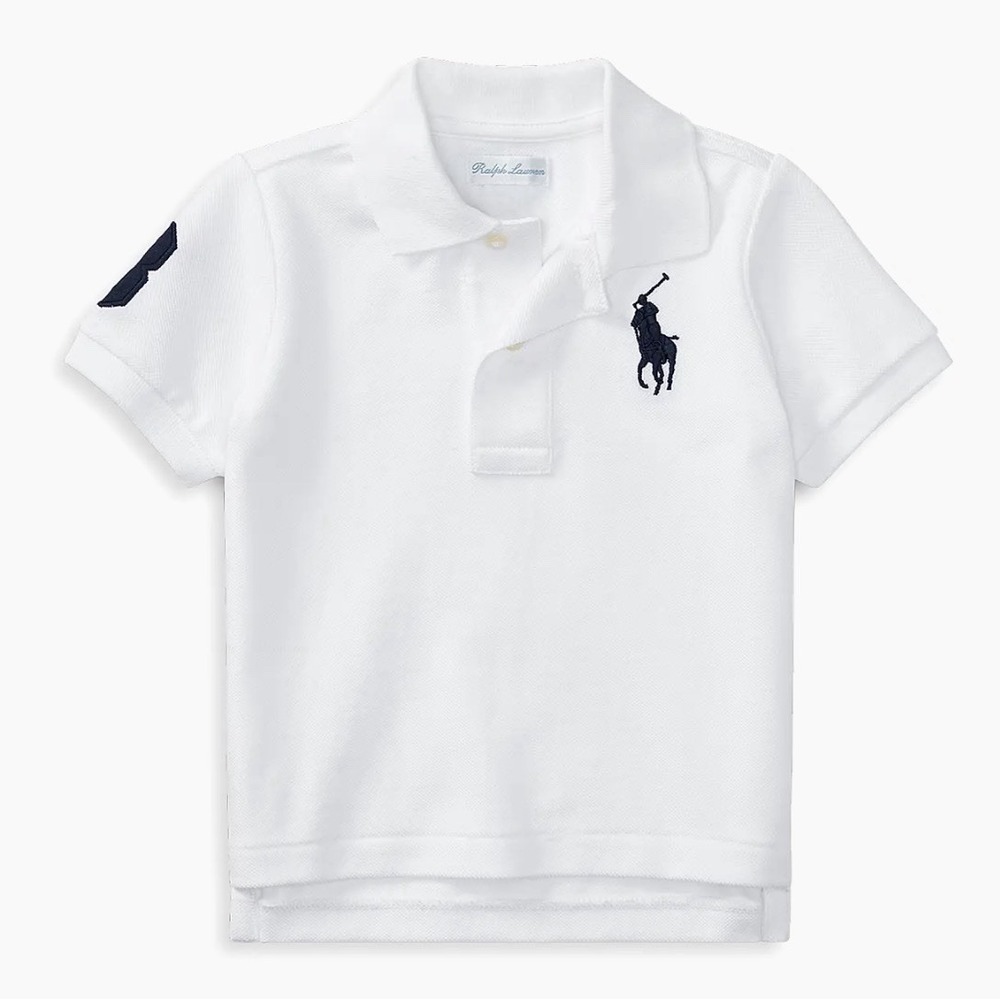 Ralph Lauren Polo Shirt Boys 9M White Blue Solid Big Pony Mesh Short Sleeve